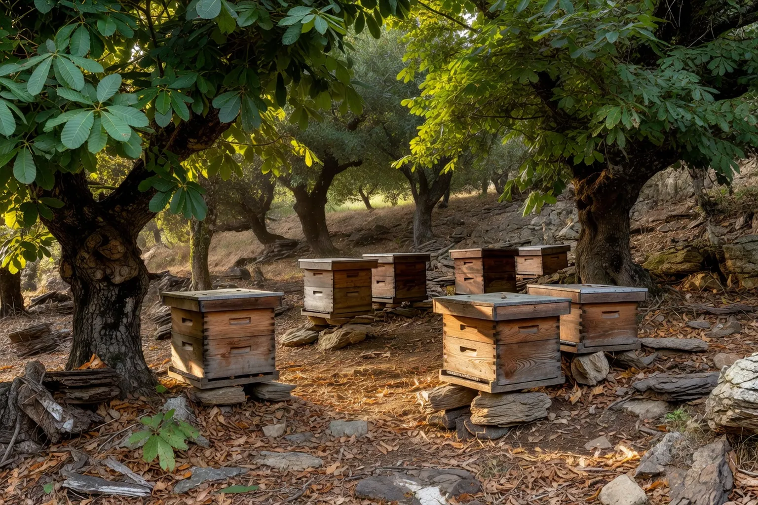 Ruches d'apiculteur au milieu d'une châtaigneraie cévenole en fleurs