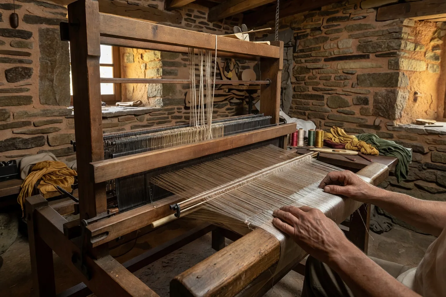 Intérieur d'une magnanerie cévenole avec claies en osier et vers à soie