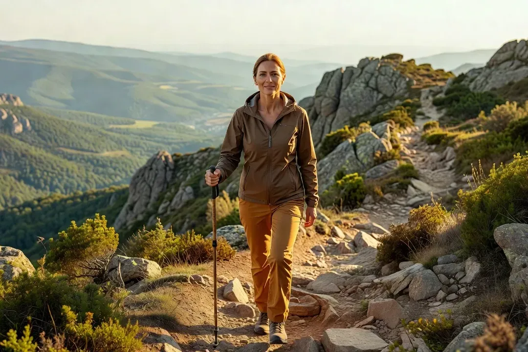 Randonneuse sur un sentier de crête surplombant les vallées du Haut-Gardon
