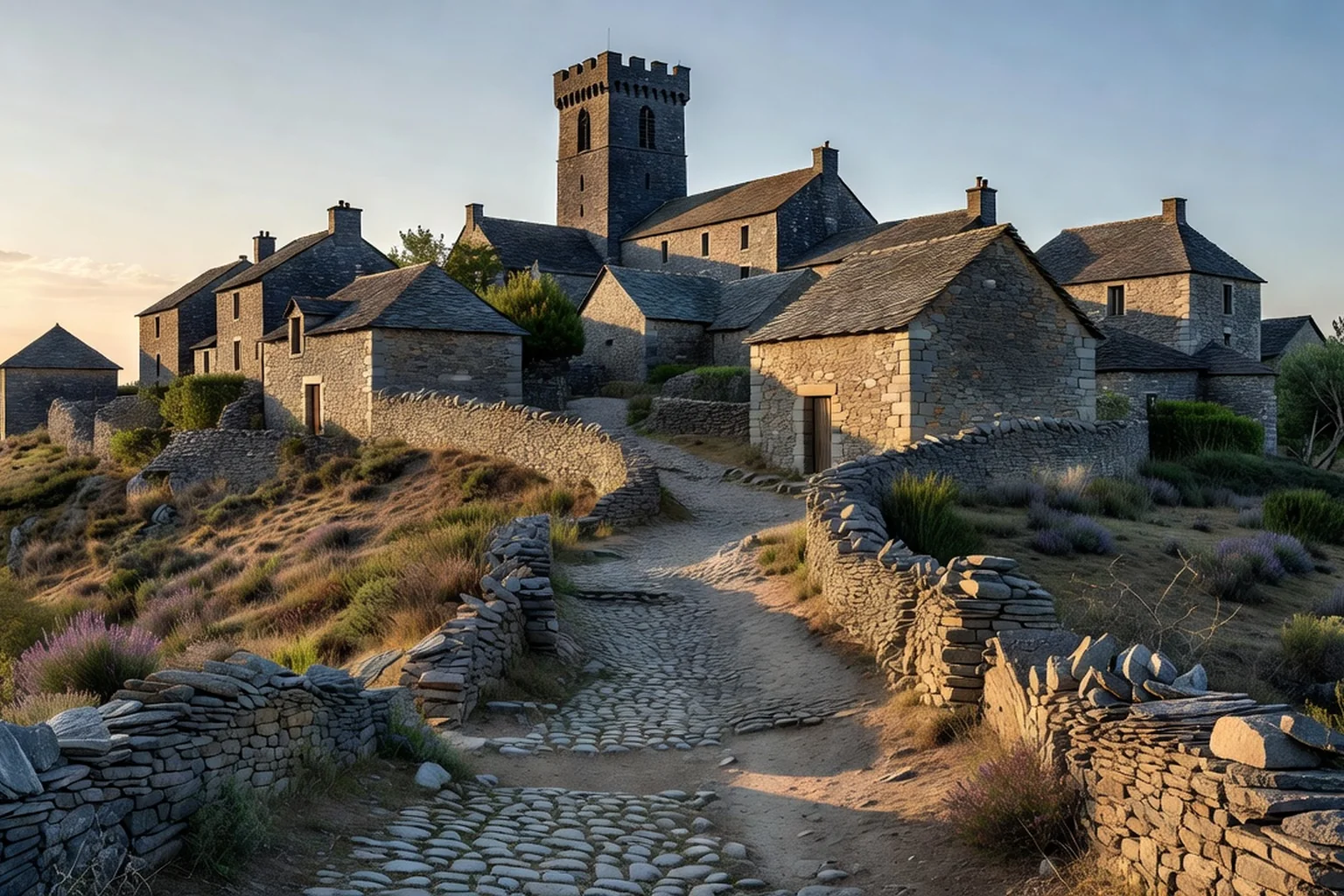 Village médiéval de schiste et de lauze bordé d'un vieux chemin pavé, avec sa tour fortifiée dominant les maisons de pierre.
