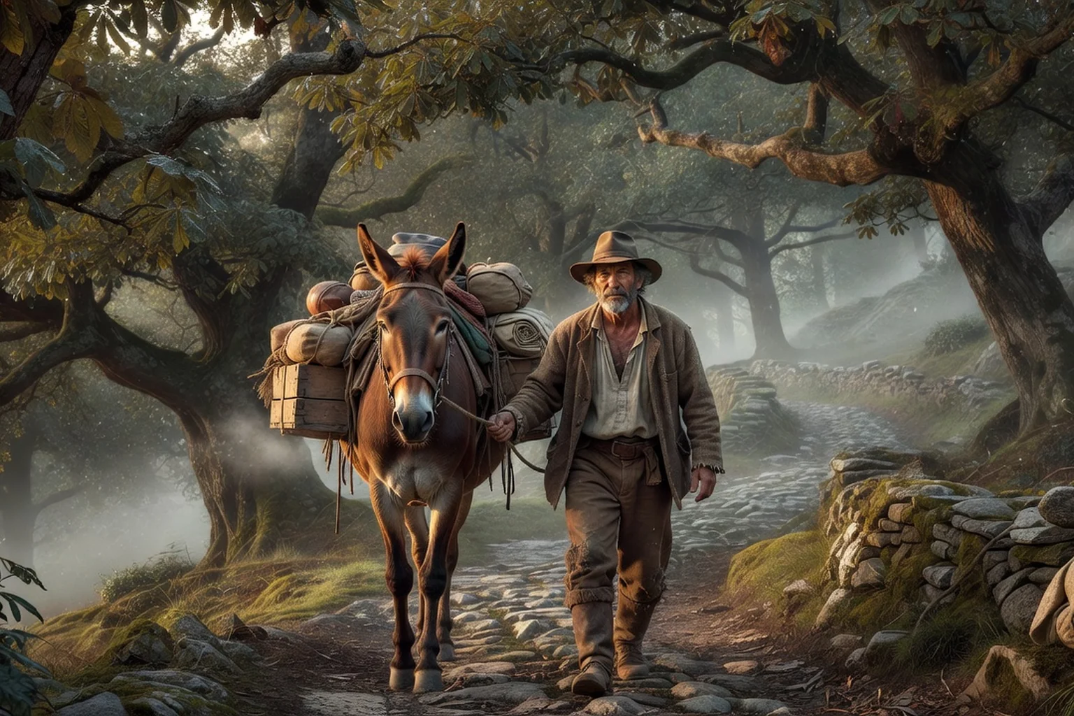 Muletier en costume traditionnel conduisant sa mule chargée de ballots sur un sentier pavé de la montagne cévenole, sous les châtaigniers.