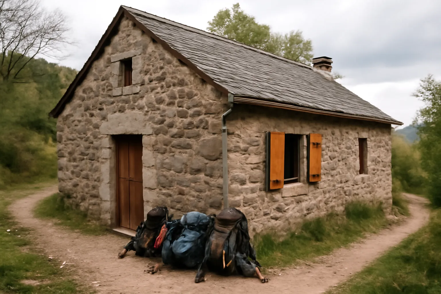 Petit refuge en pierre avec volets en bois le long d'un sentier de randonnée cévenol