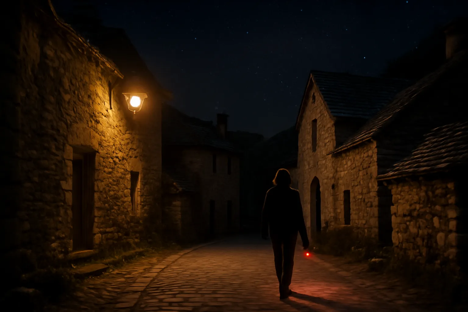 Ruelle d'un hameau de pierre la nuit, éclairée par une applique, avec une promeneuse portant une petite lumière rouge dirigée vers le sol.