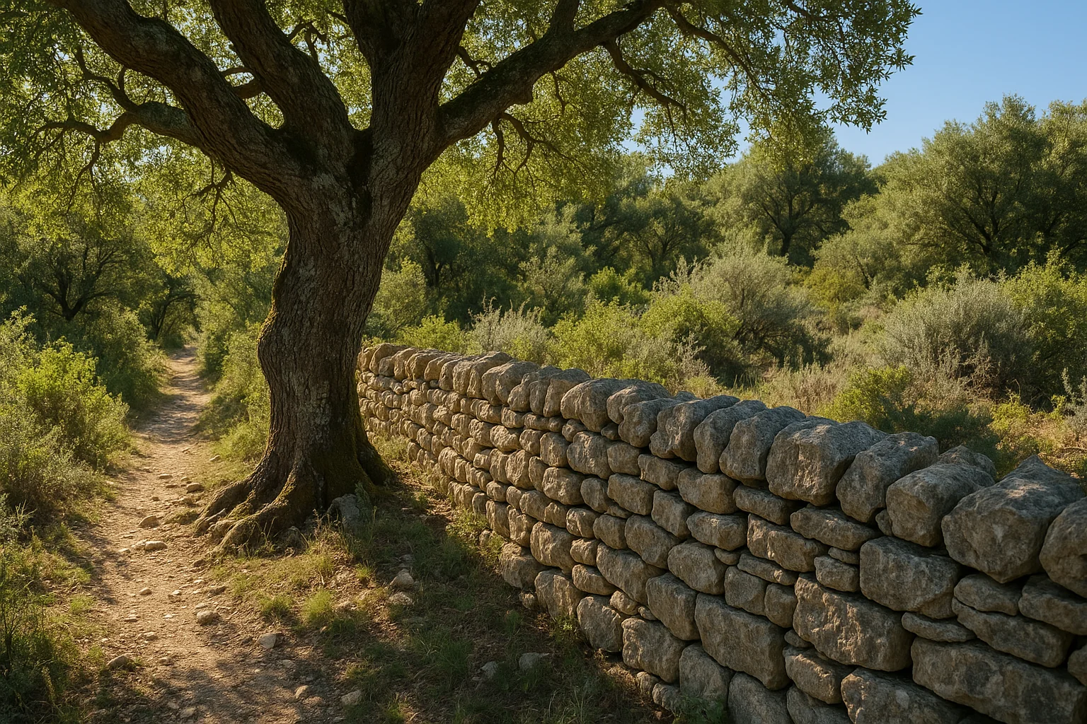 Muret de pierre sèche et chêne centenaire le long d'une draille cévenole.