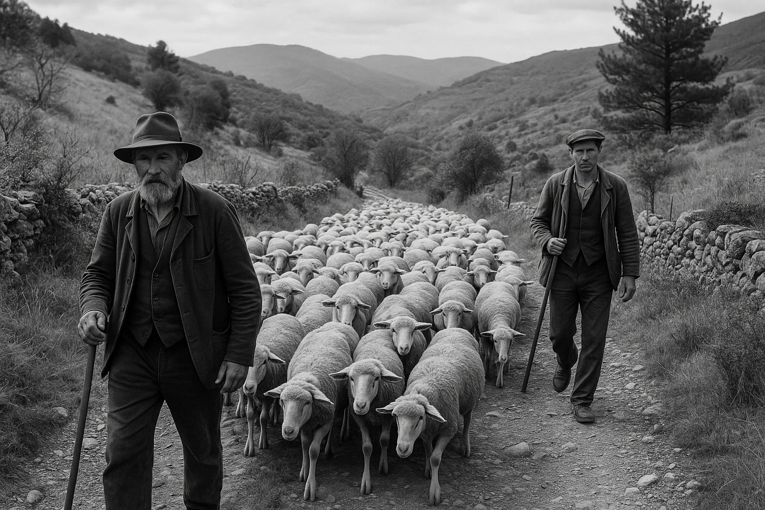Troupeau en transhumance sur un sentier pastoral des Cévennes.