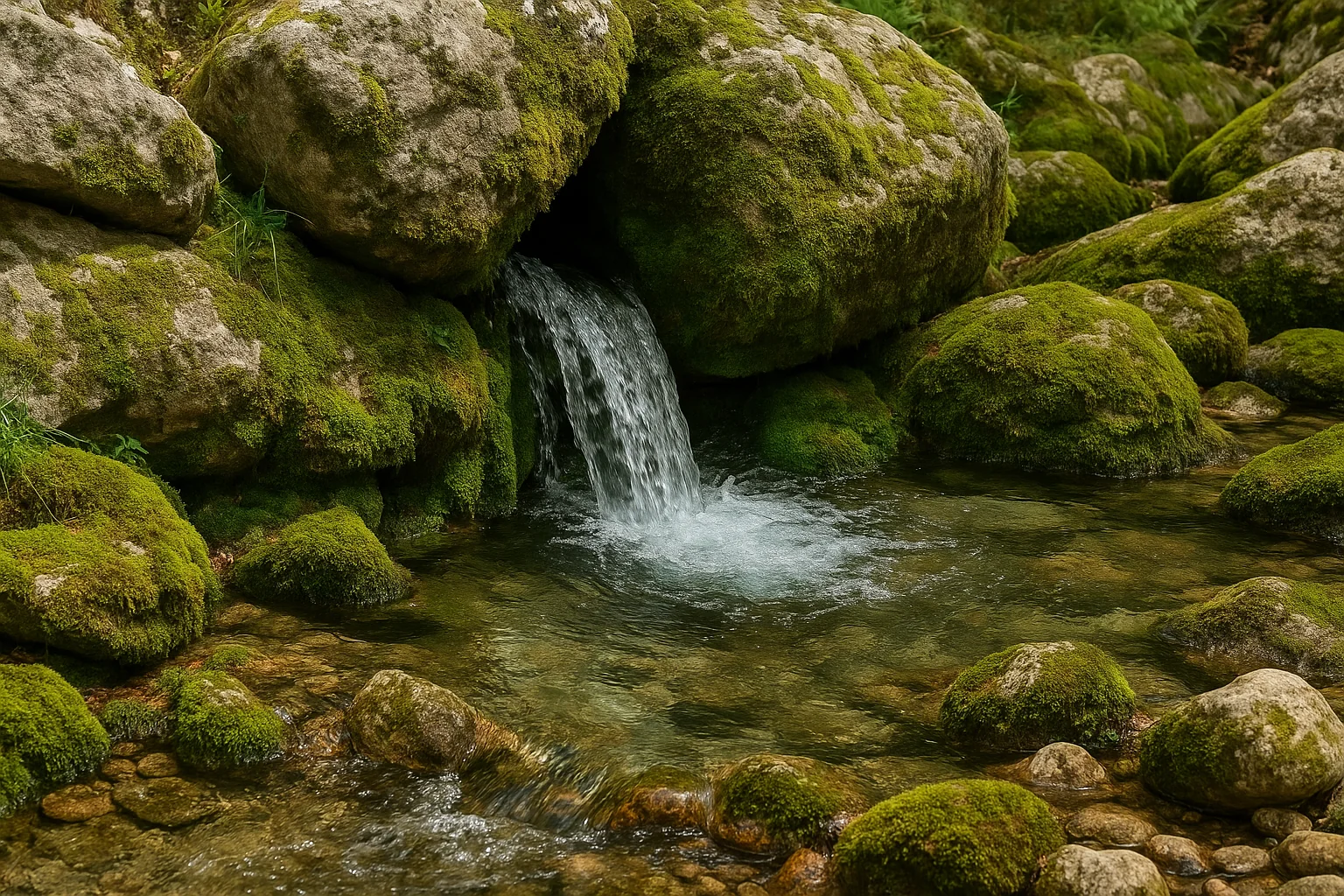 Source naturelle jaillissant entre les rochers couverts de mousse dans les Cévennes.