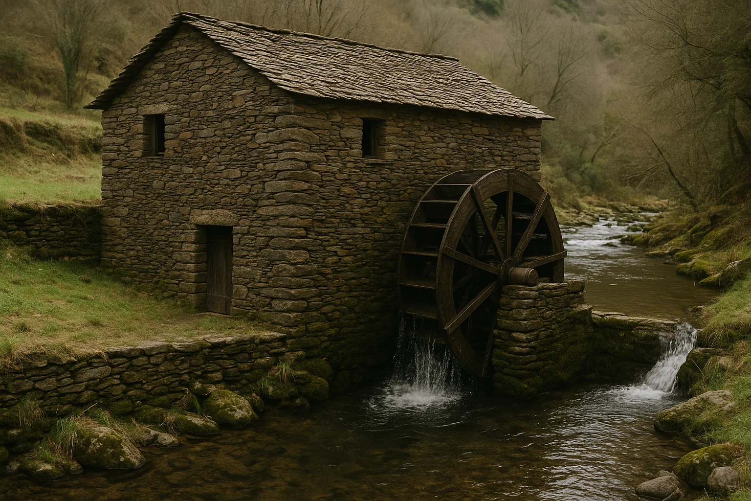 Ancien moulin à eau cévenol en pierre de schiste au bord d'un cours d'eau.