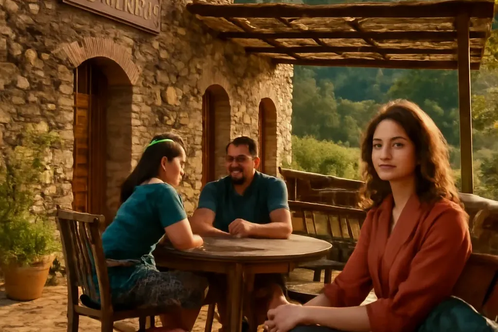 Gîte d’étape traditionnel en pierre cévenole avec terrasse à l’heure du repas du soir