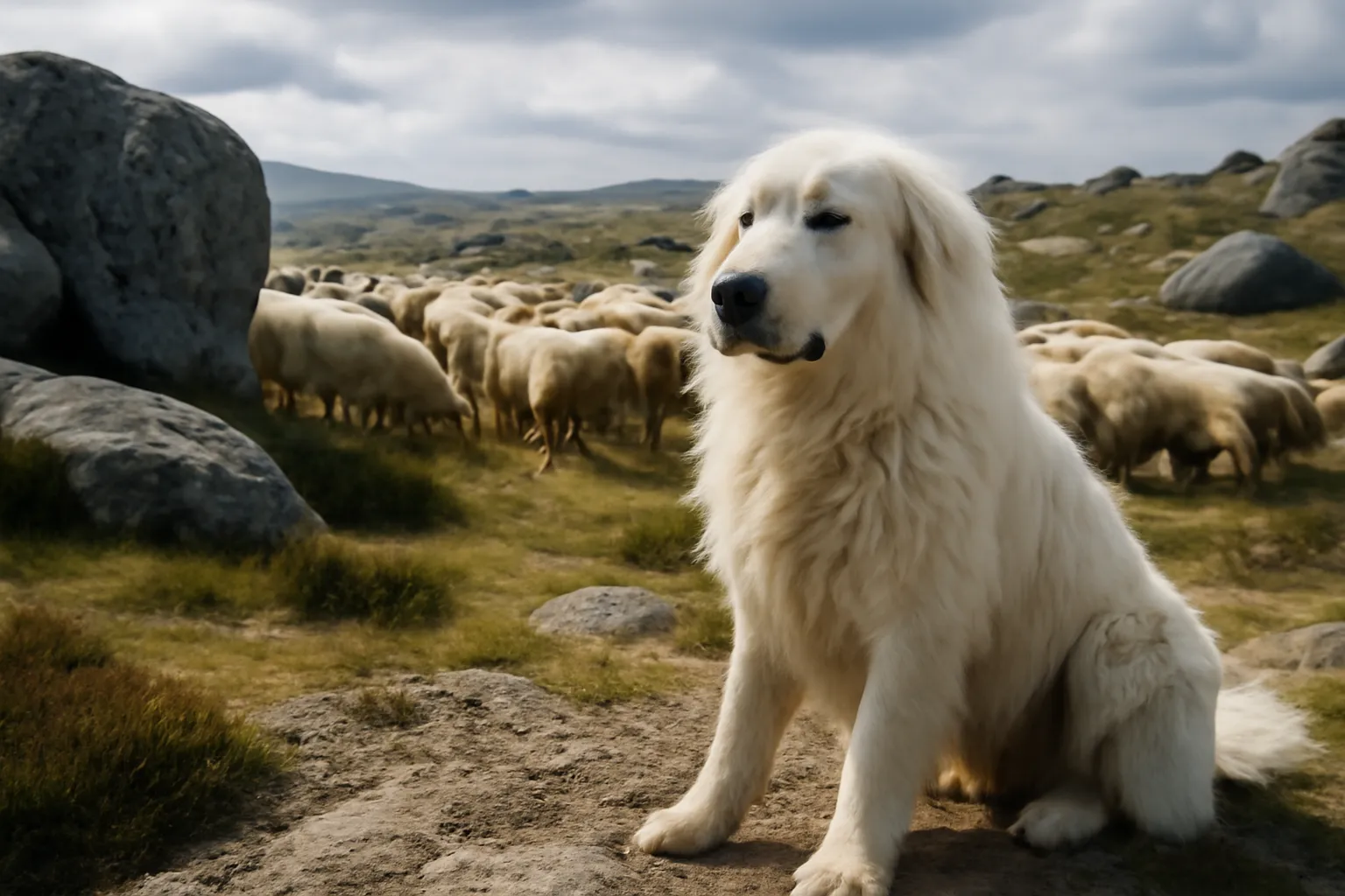 Chien de protection patou gardant un troupeau de brebis sur le mont Lozère