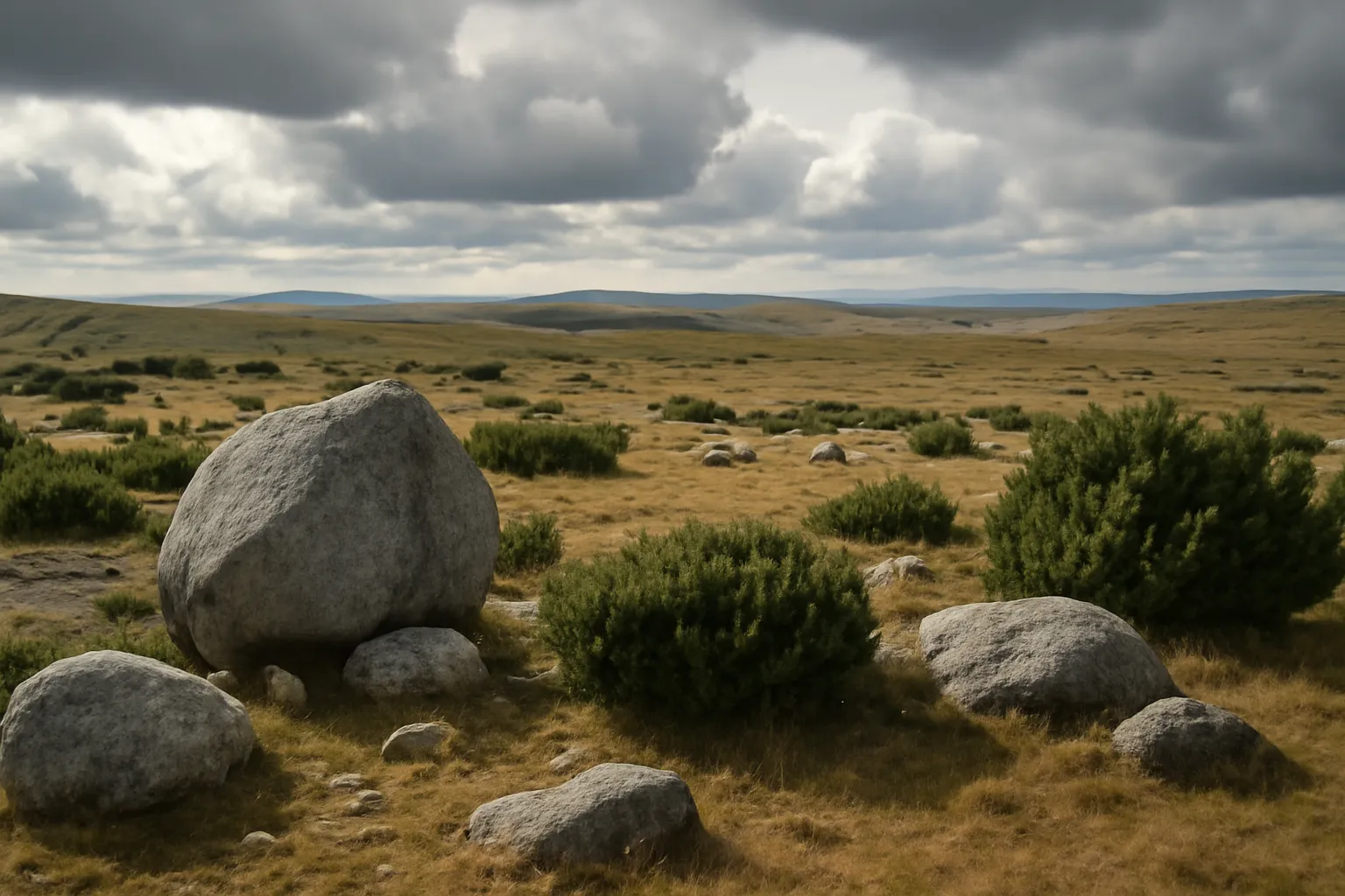 Paysage de landes d'altitude sur le mont Lozère avec genévriers et moutons