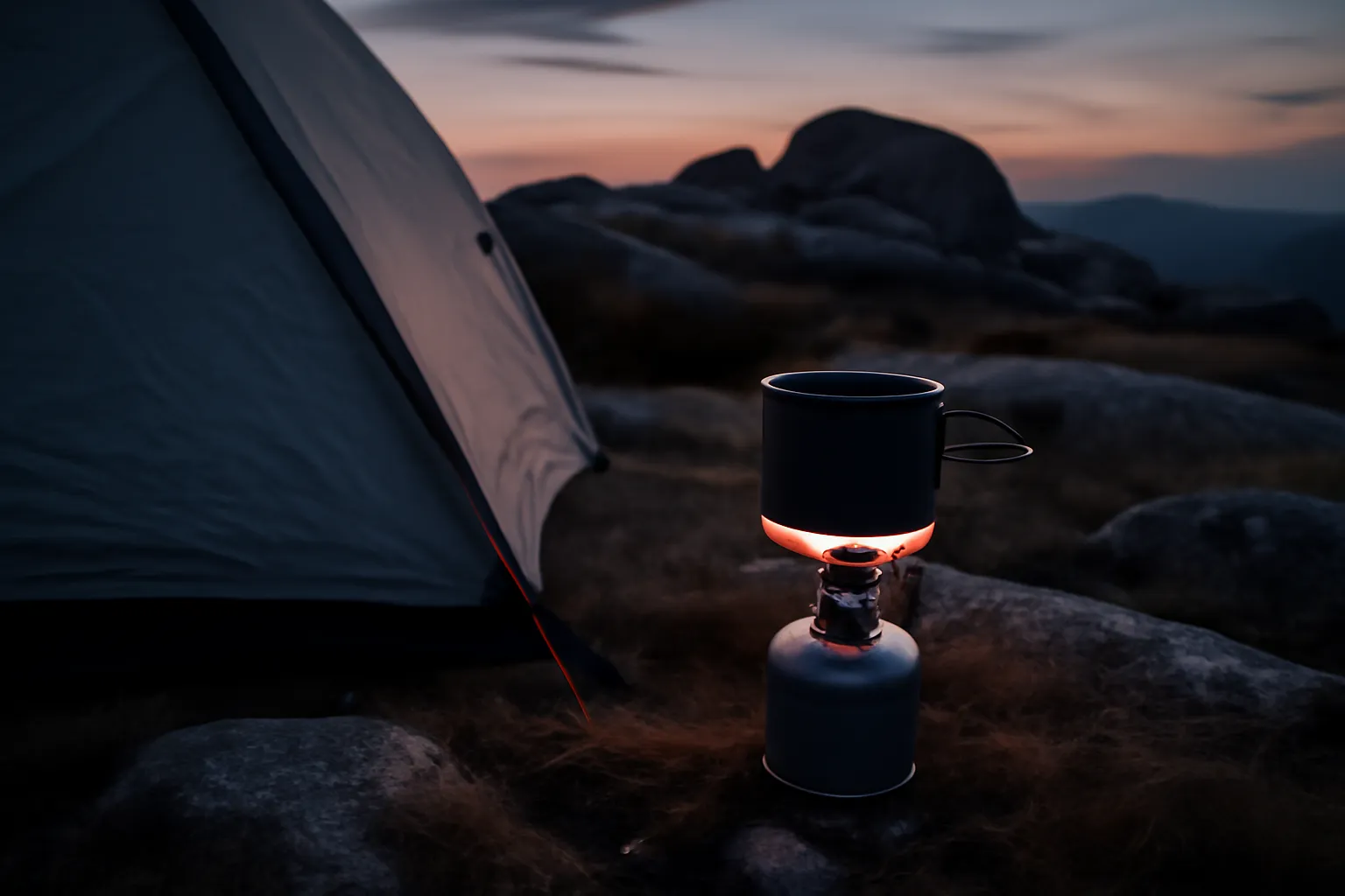 Réchaud portatif utilisé lors d'un bivouac légal dans les Cévennes