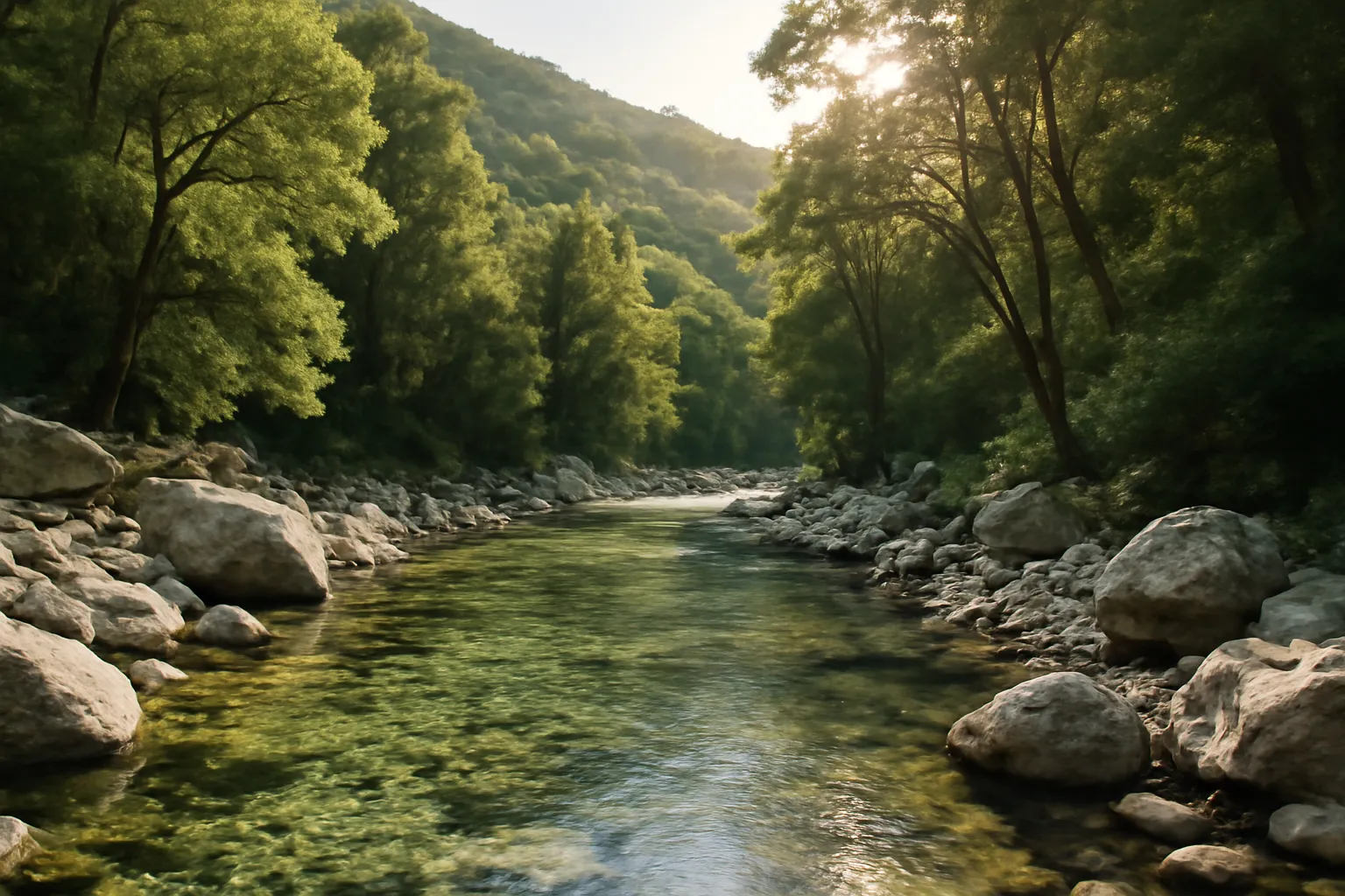 Rivière claire dans le Parc National des Cévennes entourée de forêt méditerranéenne