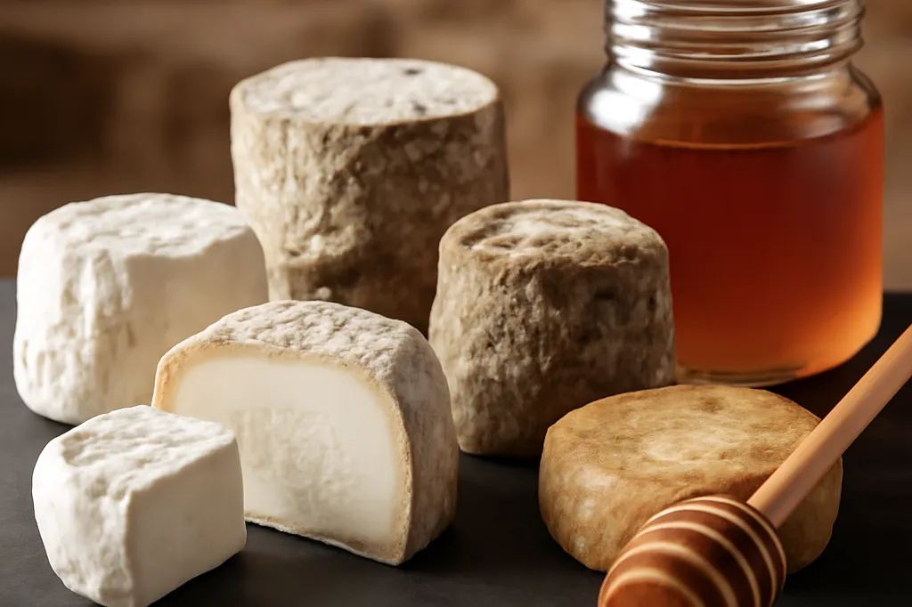 Plateau de pélardons AOP à différents stades d’affinage avec miel de châtaignier