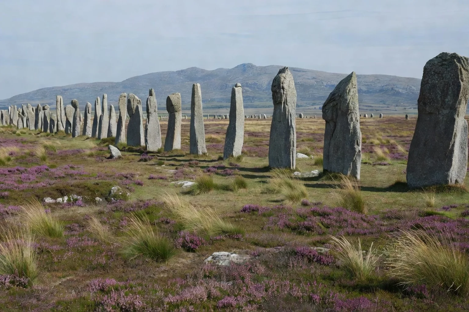 Menhirs dressés sur le Cham des Bondons, landes et mont Lozère à l'arrière-plan.