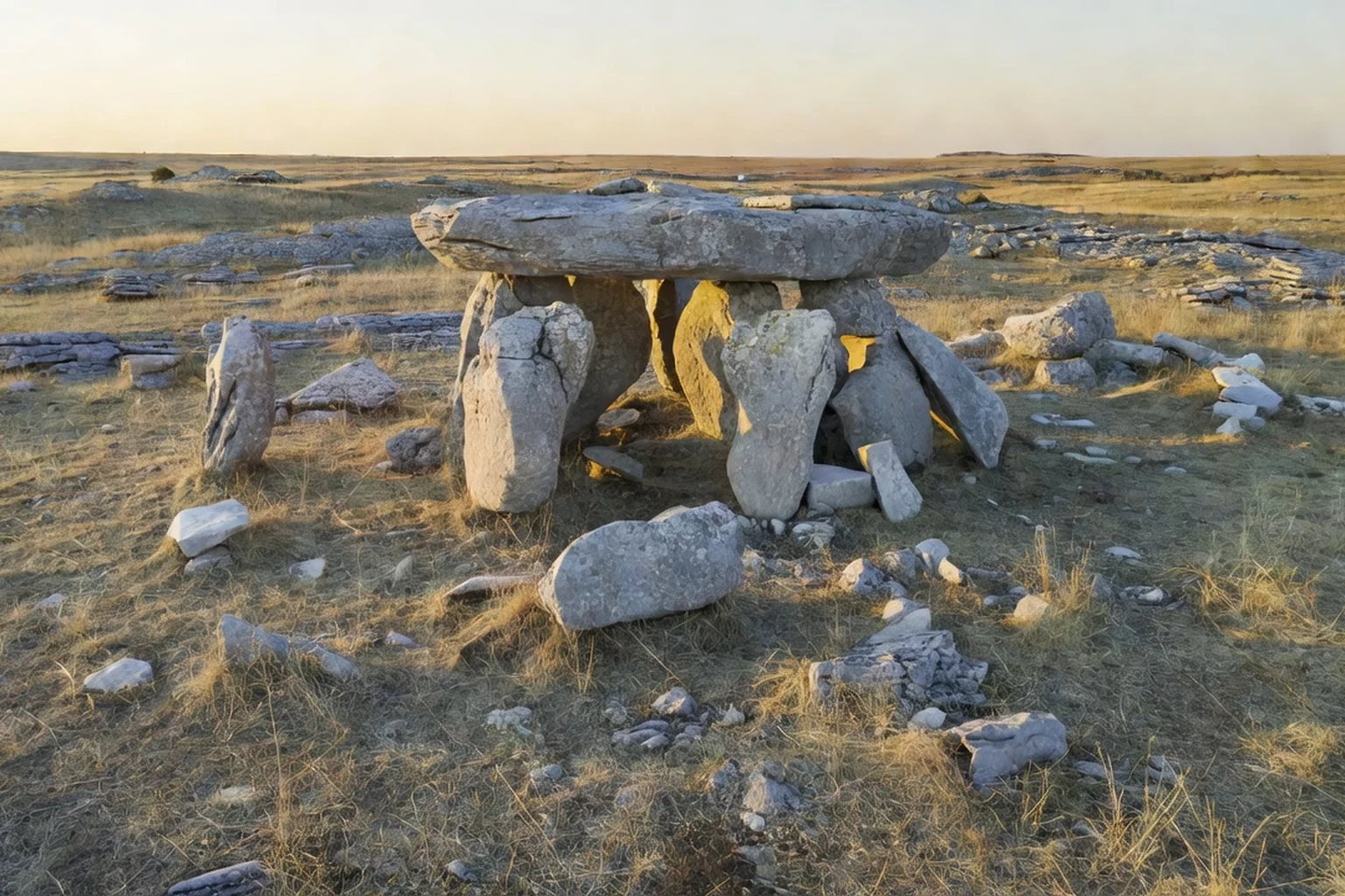 Dolmen de pierre calcaire sur le Causse de Sauveterre sous un ciel lumineux.