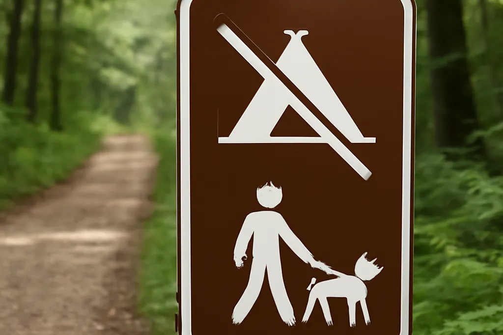 Panneau de réglementation en forêt avec pictogrammes camping interdit et chien en laisse
