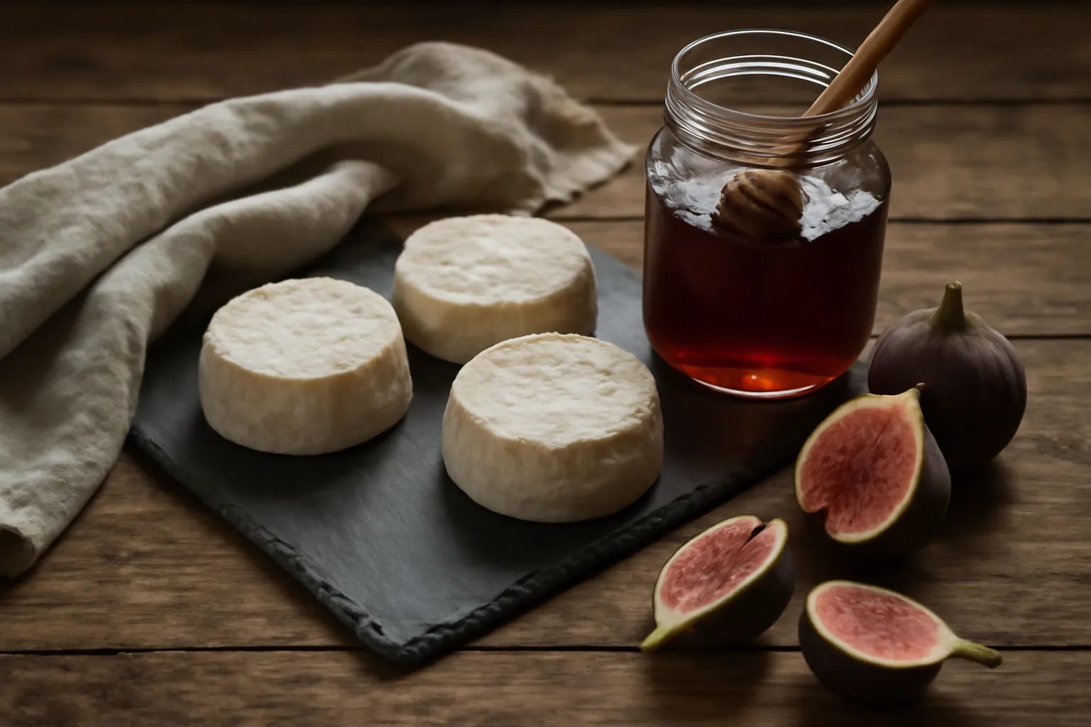 Trois pélardons posés sur une ardoise, avec un pot de miel de châtaignier et des figues coupées.