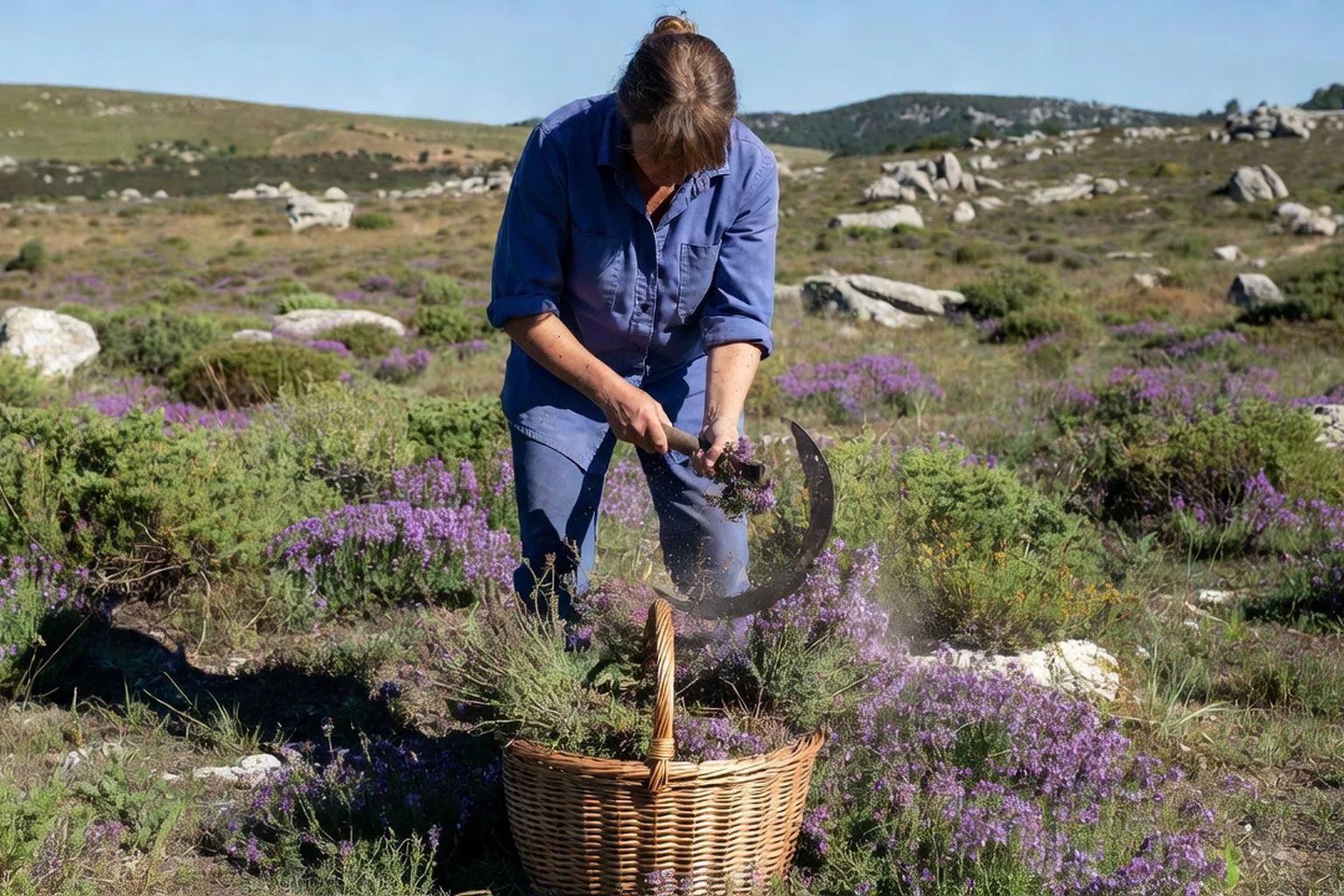 Cueilleuse récoltant le thym fleuri à la faucille sur une lande cévenole en été.