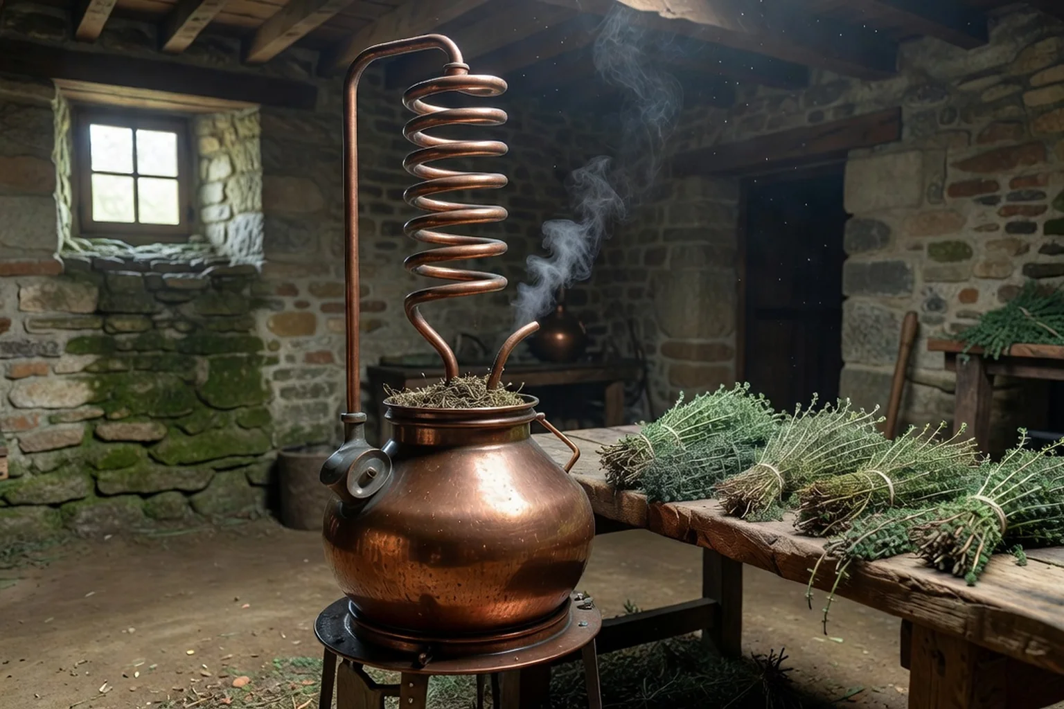 Alambic de cuivre traditionnel distillant le thym, vapeur s'échappant du serpentin.