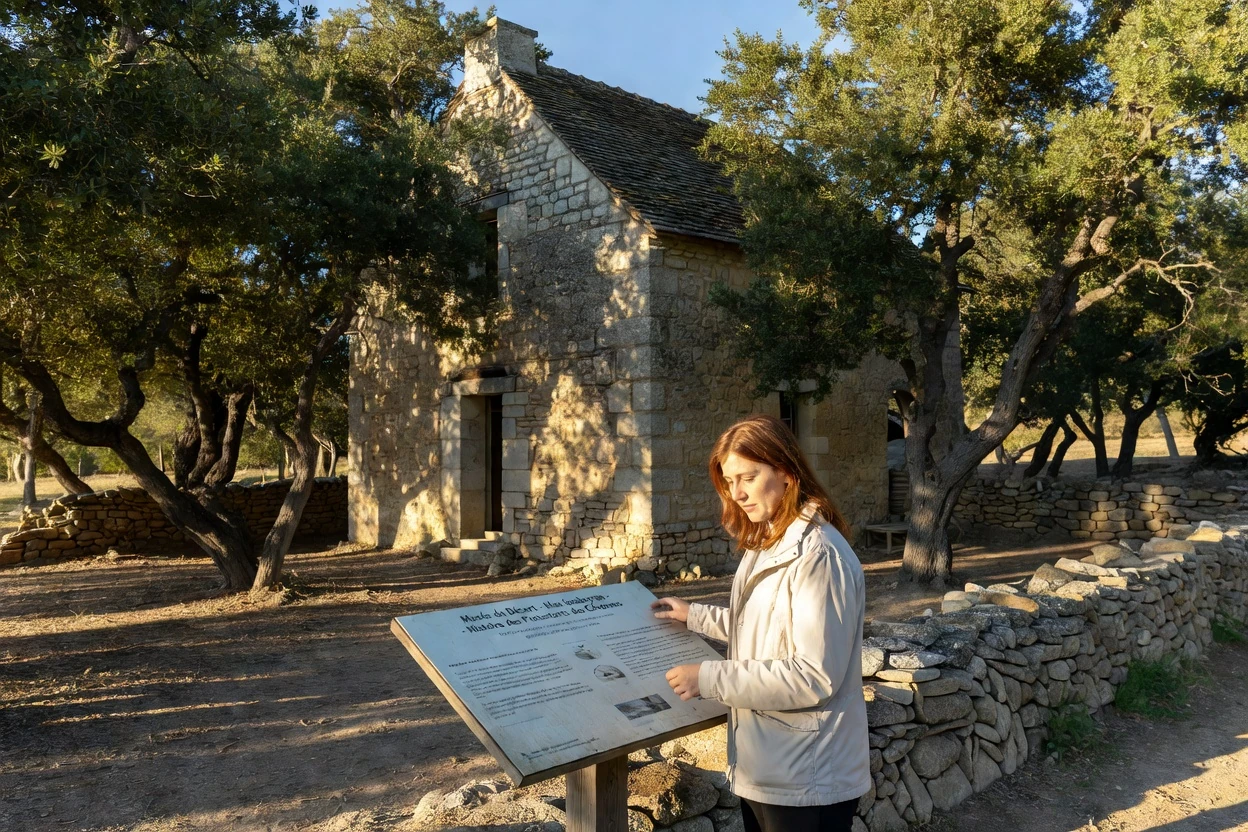 Visiteuse lisant un panneau devant la maison en pierre du Musée du Désert au Mas Soubeyran