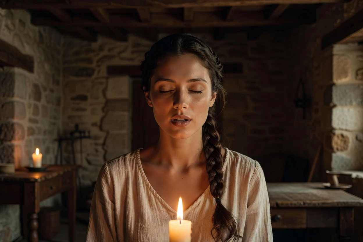 Portrait d'une jeune femme chantant un psaume à la lueur d'une bougie dans une maison cévenole ancienne