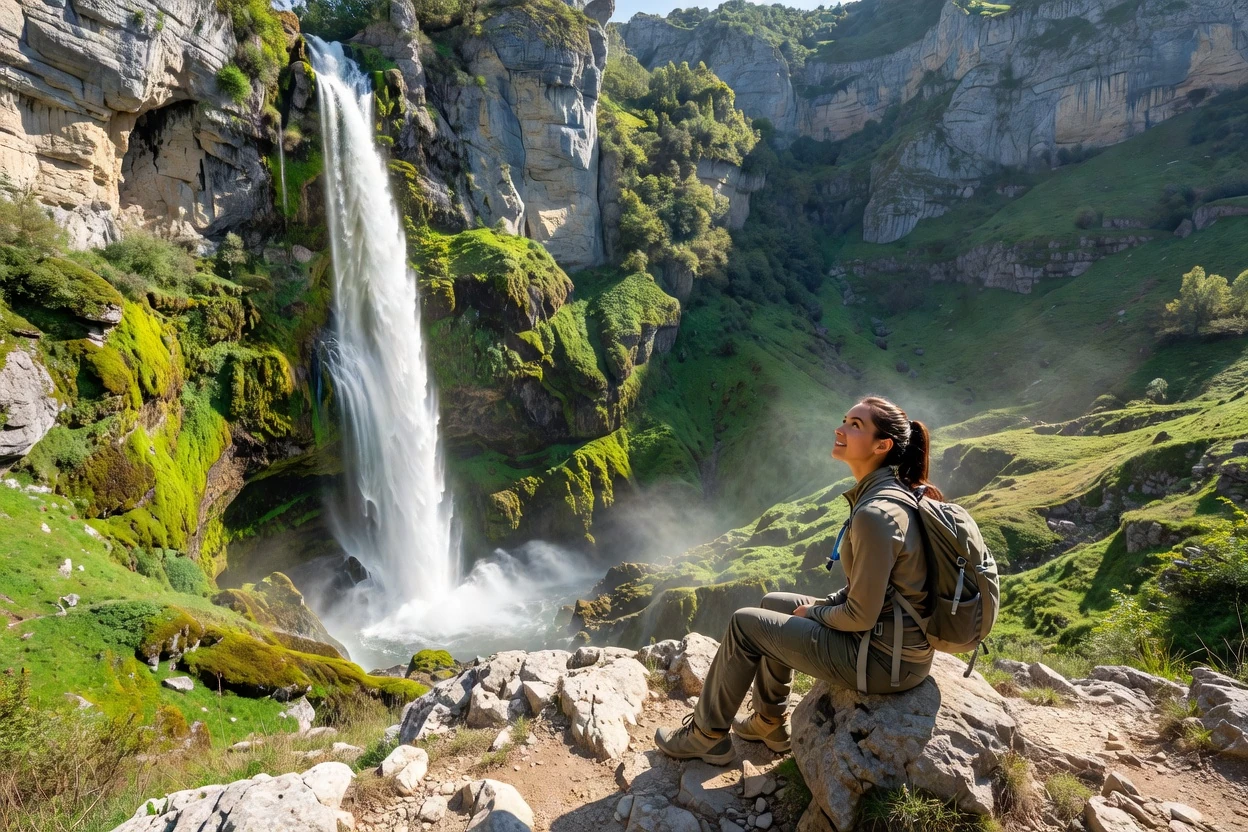 Randonneuse assise devant la cascade de la Vis dans le Cirque de Navacelles