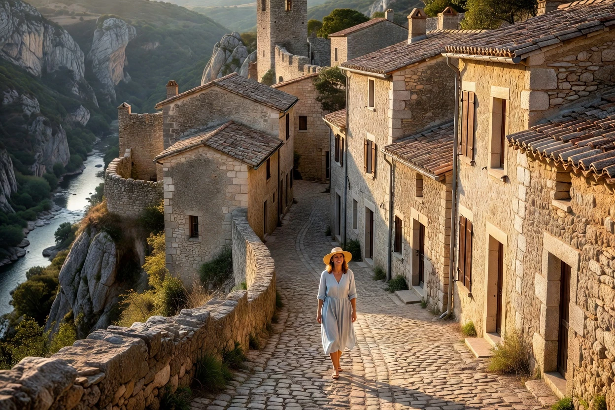 Femme en robe légère et chapeau de paille marchant dans une ruelle pavée d'Aiguèze avec les gorges en arrière-plan