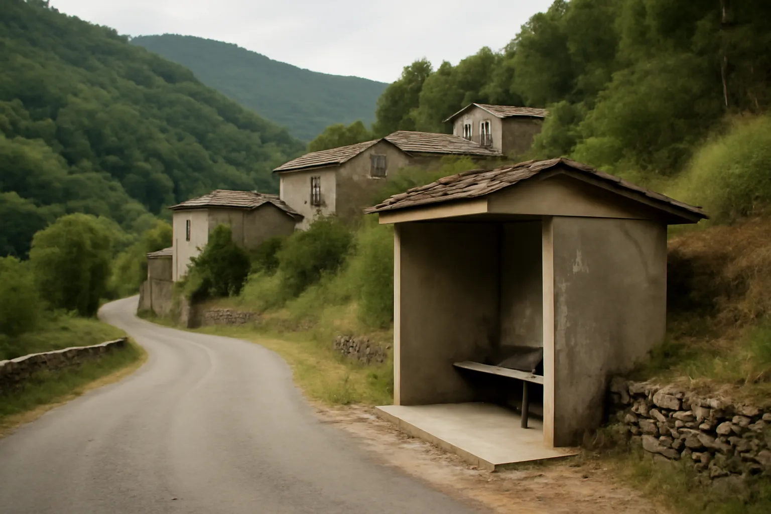 Arrêt de bus rural sur une route de montagne dans les Cévennes
