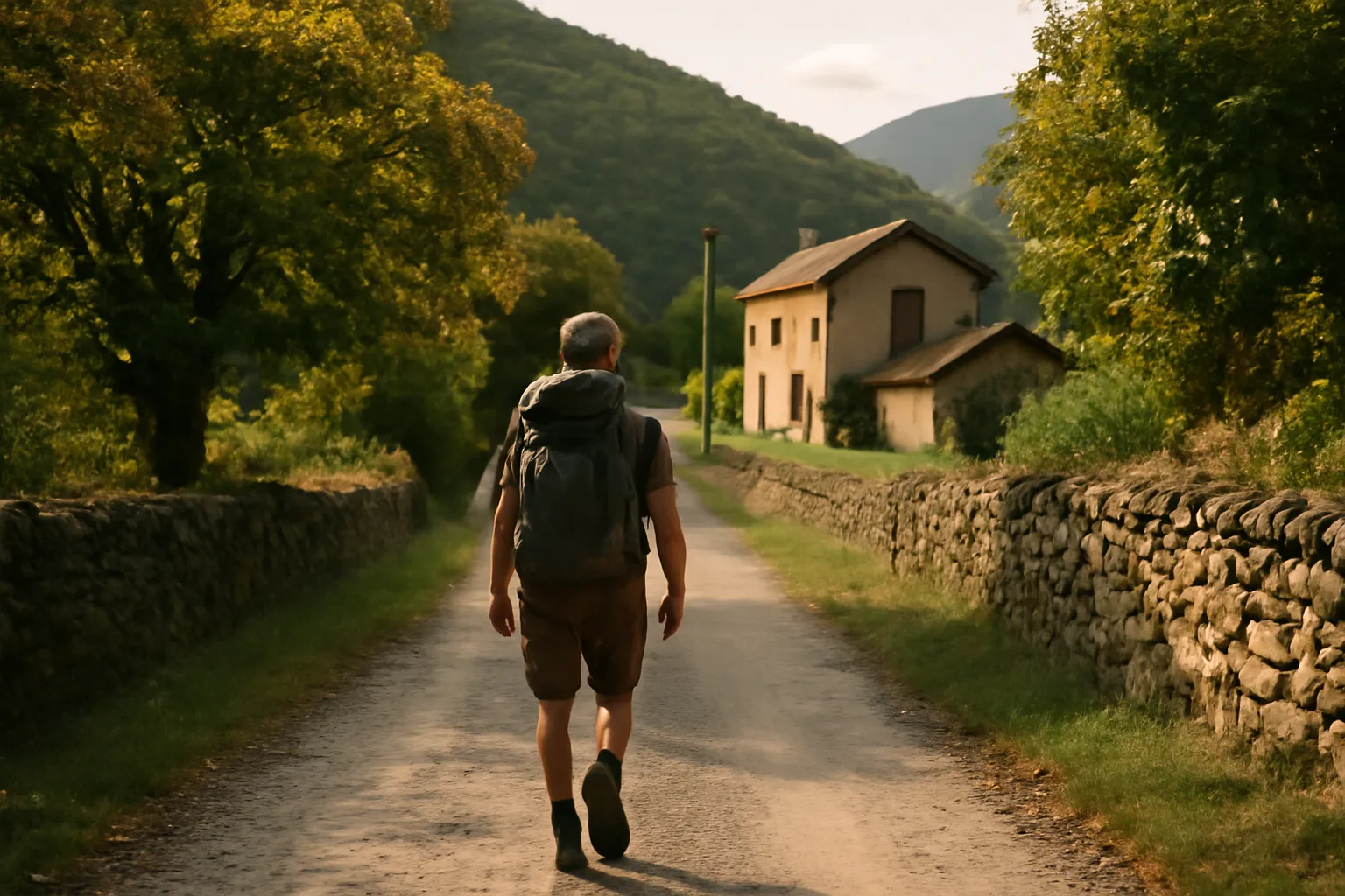 Randonneur avec sac à dos marchant vers une petite gare dans une vallée cévenole