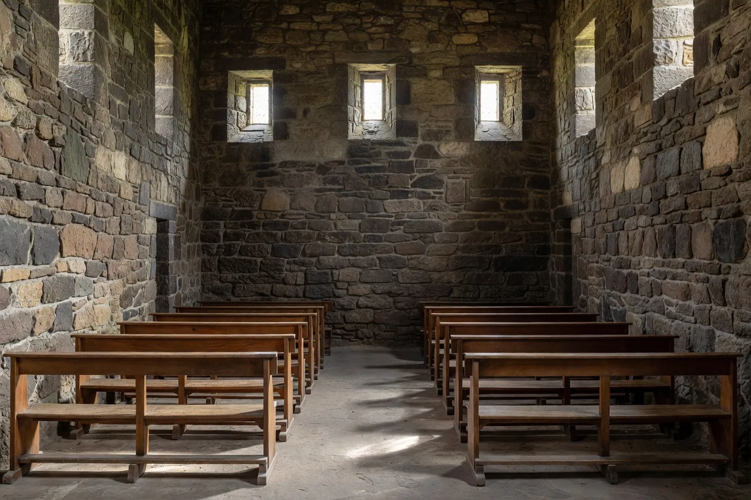 Interieur sobre d'un temple protestant cevenol avec chaire centrale et bancs de bois