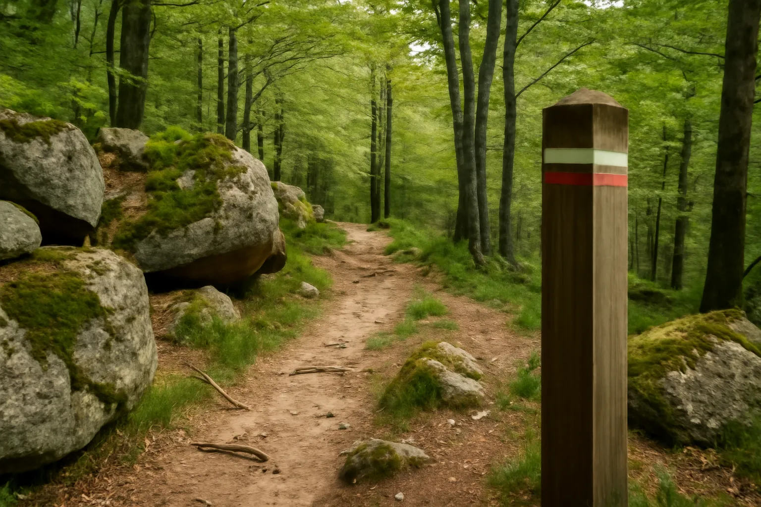 Sentier de randonnée balisé en forêt près de Meyrueis dans les Cévennes
