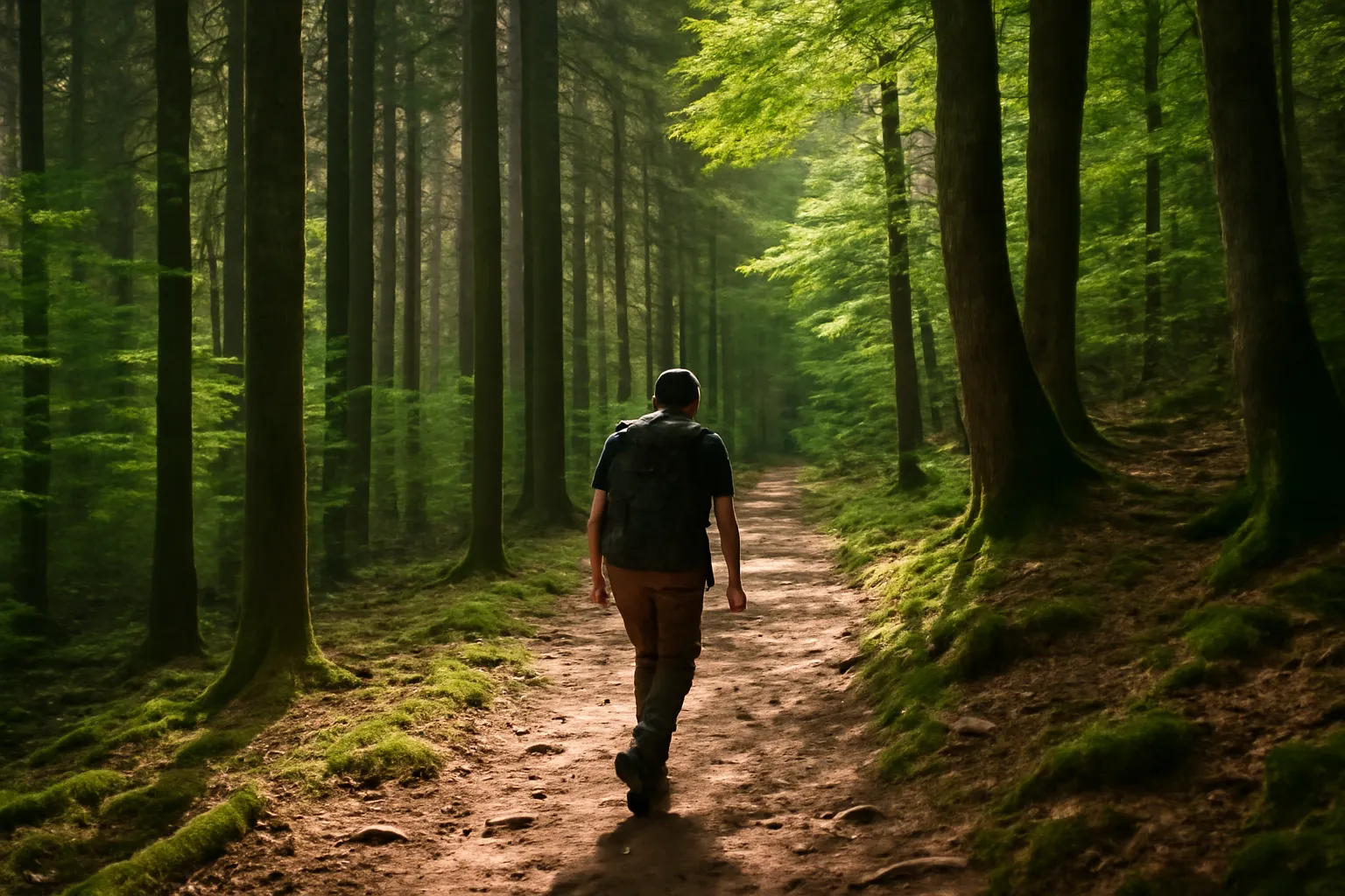 Randonneur descendant un sentier forestier dans la forêt domaniale de l'Aigoual