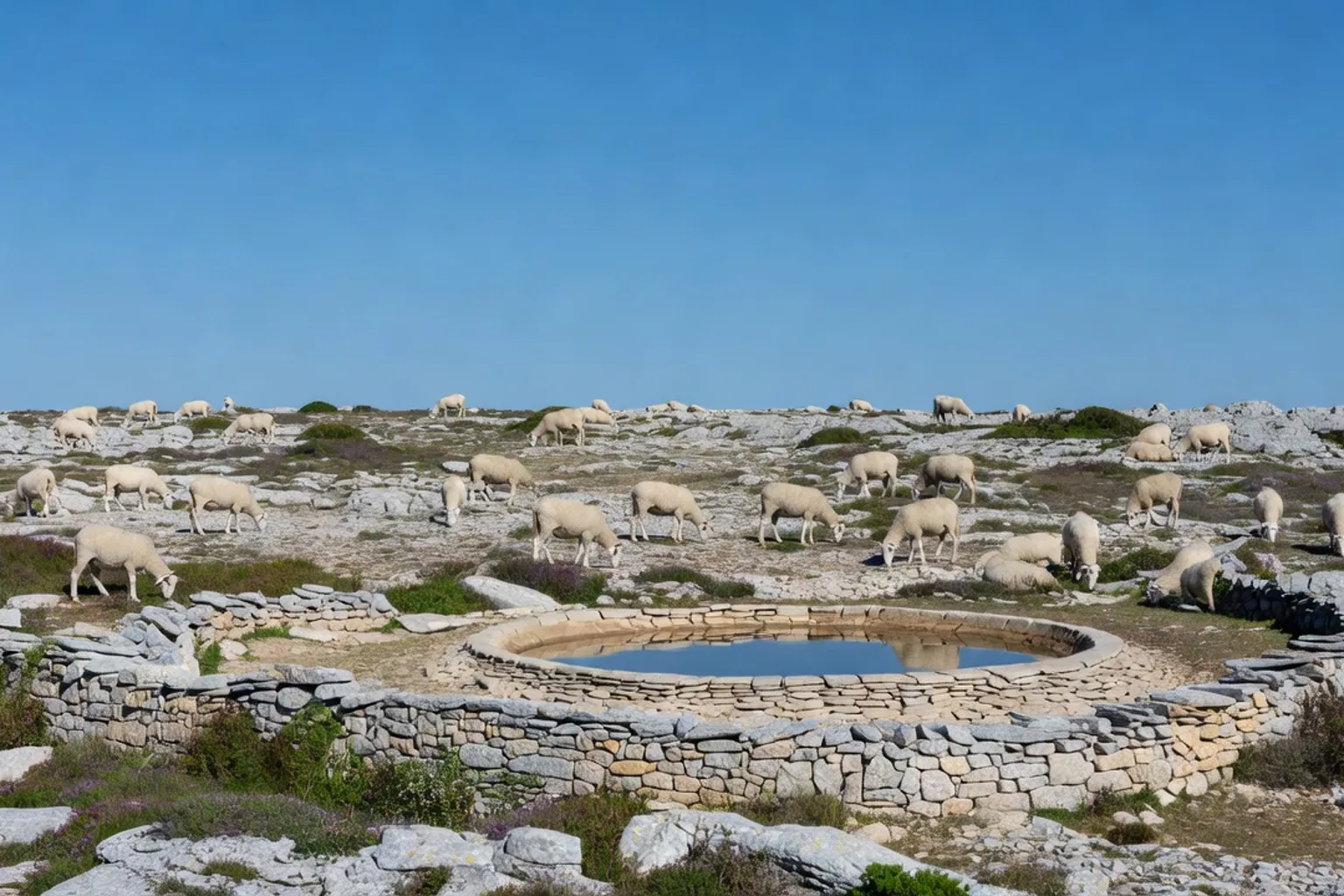 Troupeau de brebis sur un causse calcaire, murets de pierre sèche et lavogne au premier plan.