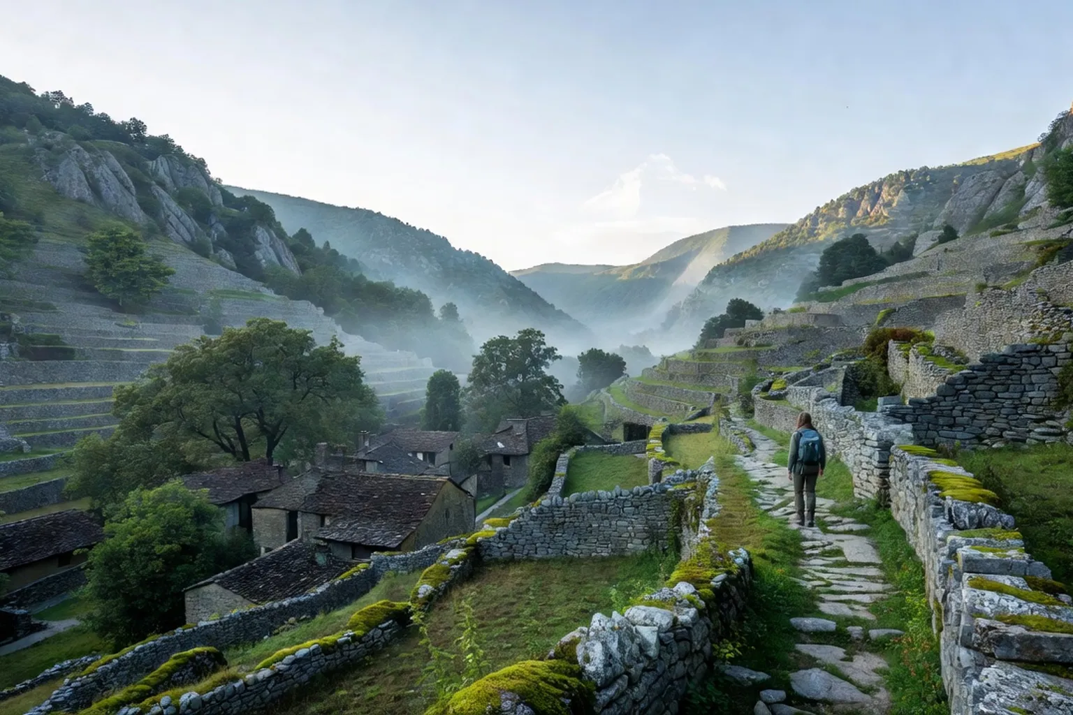 Terrasses de pierre sèche et hameau de schiste dans une vallée cévenole, avec une randonneuse sur un sentier dallé, brume matinale.
