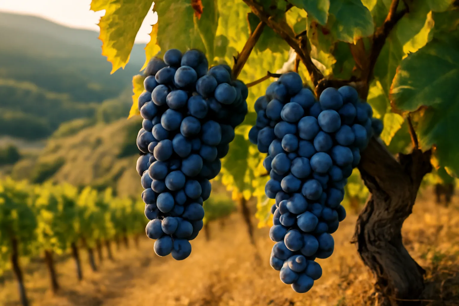 Grappes de raisin mûres sur un coteau viticole cévenol