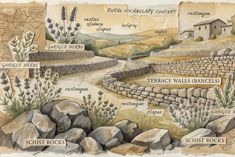 Paysage cevenol annote : schiste, garrigue, bancels et gardon