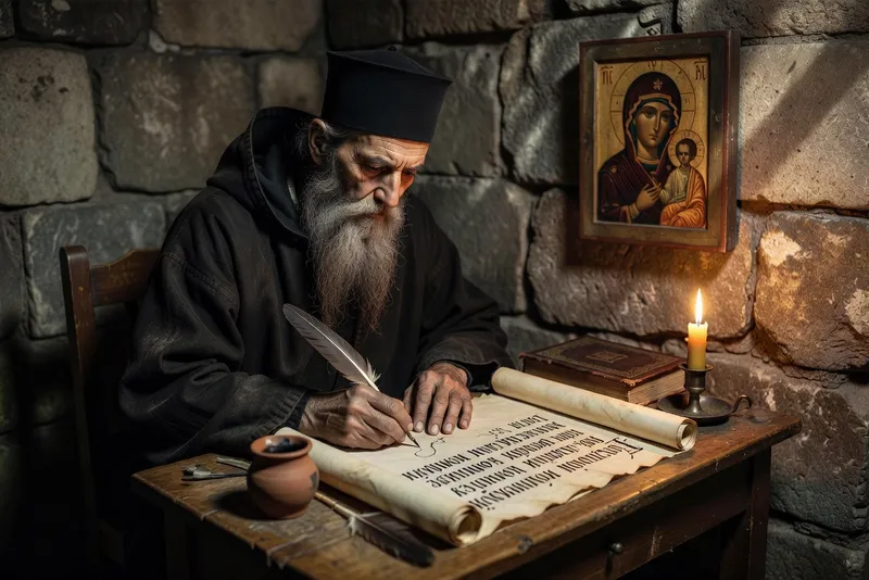 Moine orthodoxe en calligraphie, cellule monastique