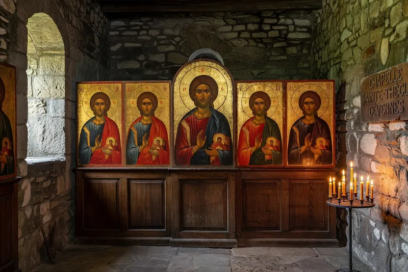Icones byzantines sur un iconostase en pierre, Cevennes