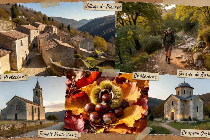 Montage des temps forts des Cevennes : village, GR70, chataignes, temple