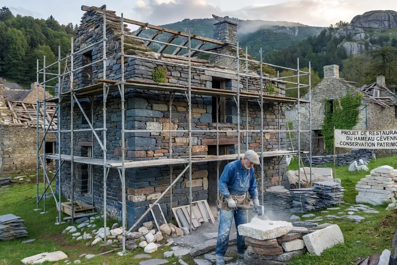 Restauration maison en schiste, chantier conservation, Cevennes