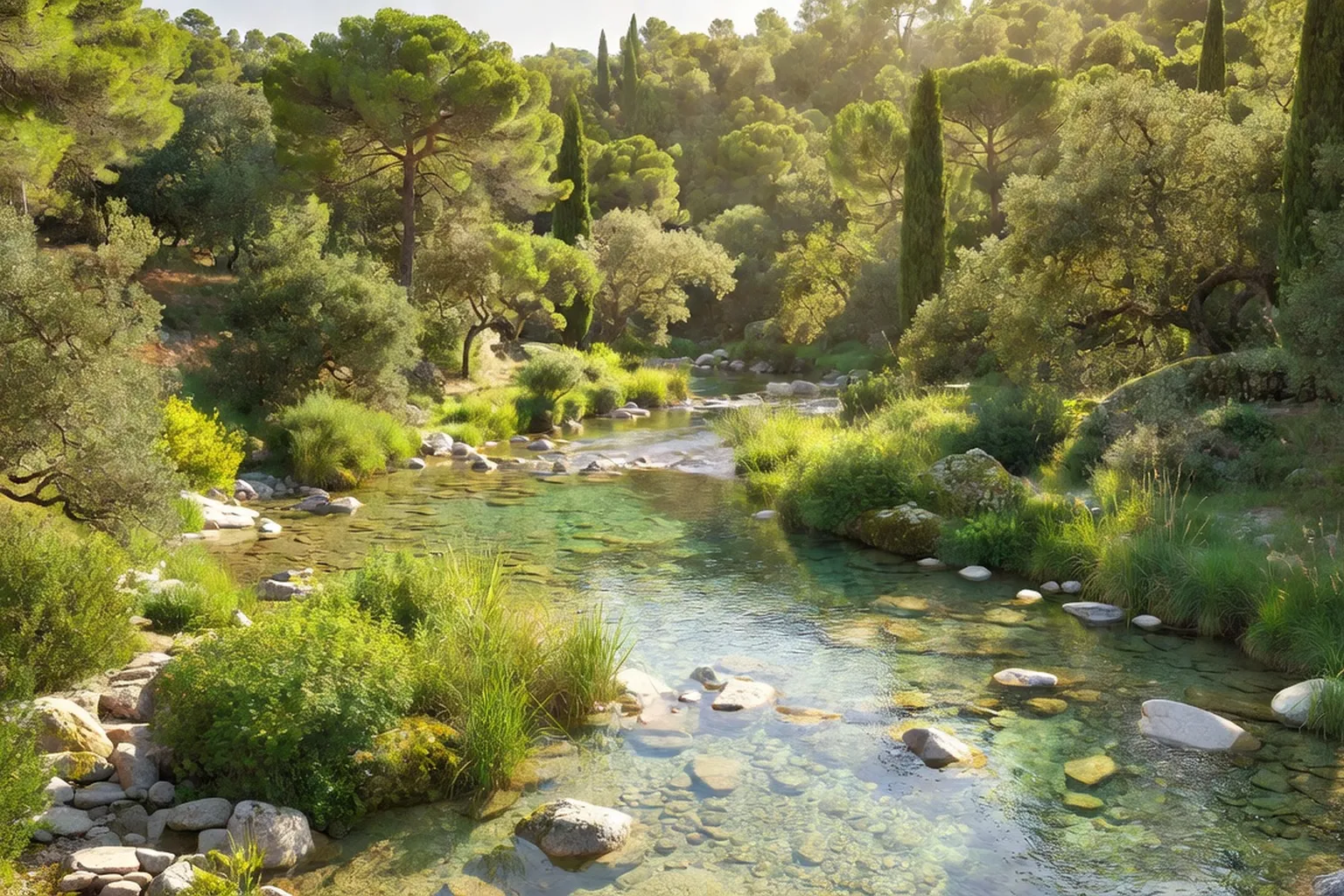 Gardon limpide dans les Cevennes, foret mediterraneenne