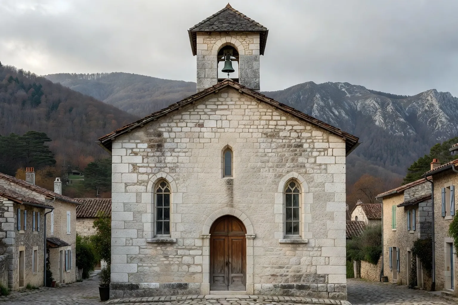 Temple protestant classique en Cevennes, lumiere douce